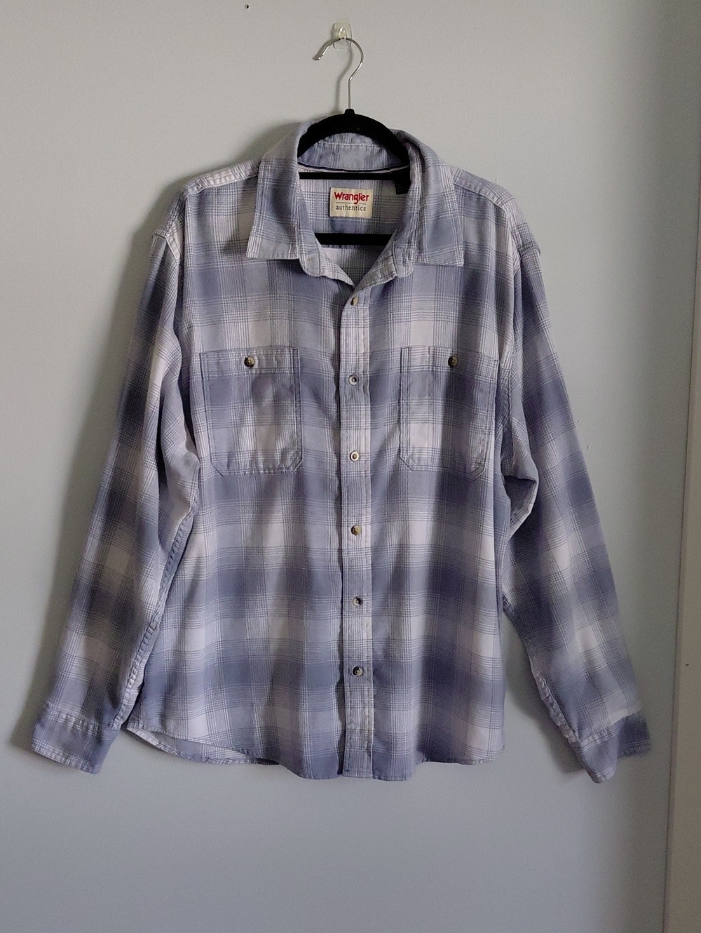Wrangler Mens Blue White Plaid Flannel Long Sleeve Button-Down Shirt Country XL